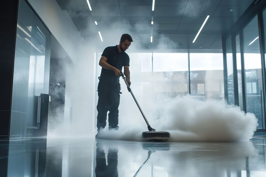 Mann reinigt Marmorboden mit einem Gerät.