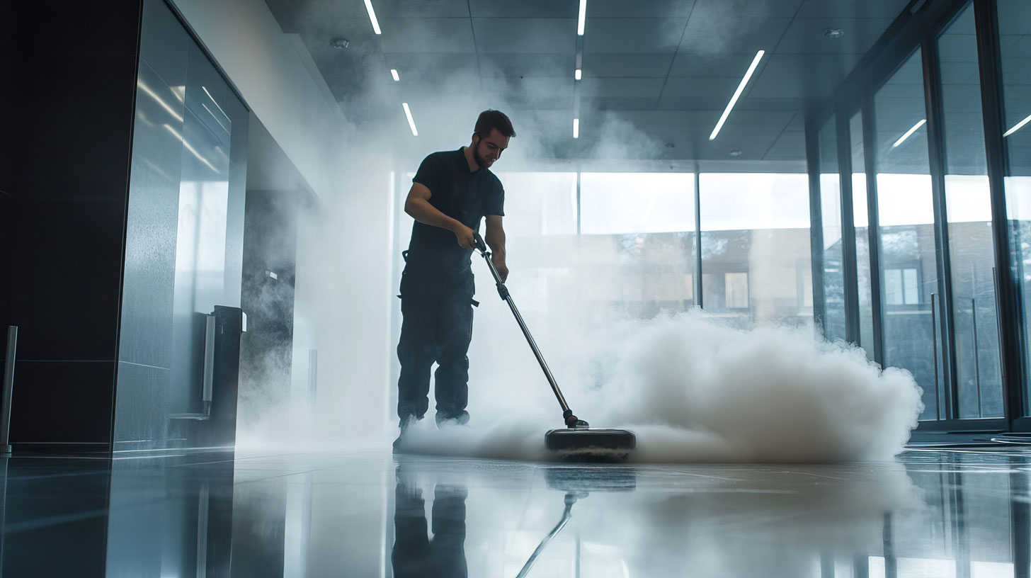Mann reinigt Marmorboden mit einem Gerät.